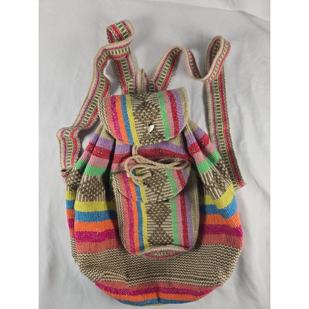 Pinzon Rainbow Striped Woven Backpack Boho Festival Folk Hippie Artisan Granola